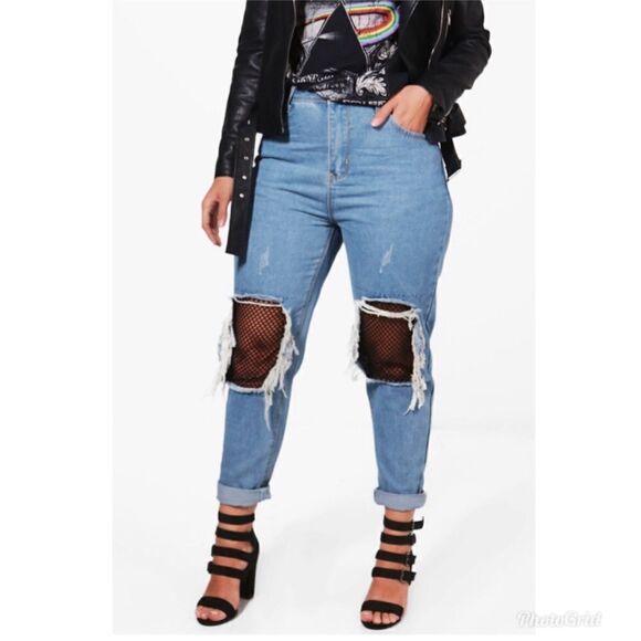 BOOHOO Blue Boyfriend Distressed Ripped Fishnet Light Wash Jeans - Picture 1 of 16
